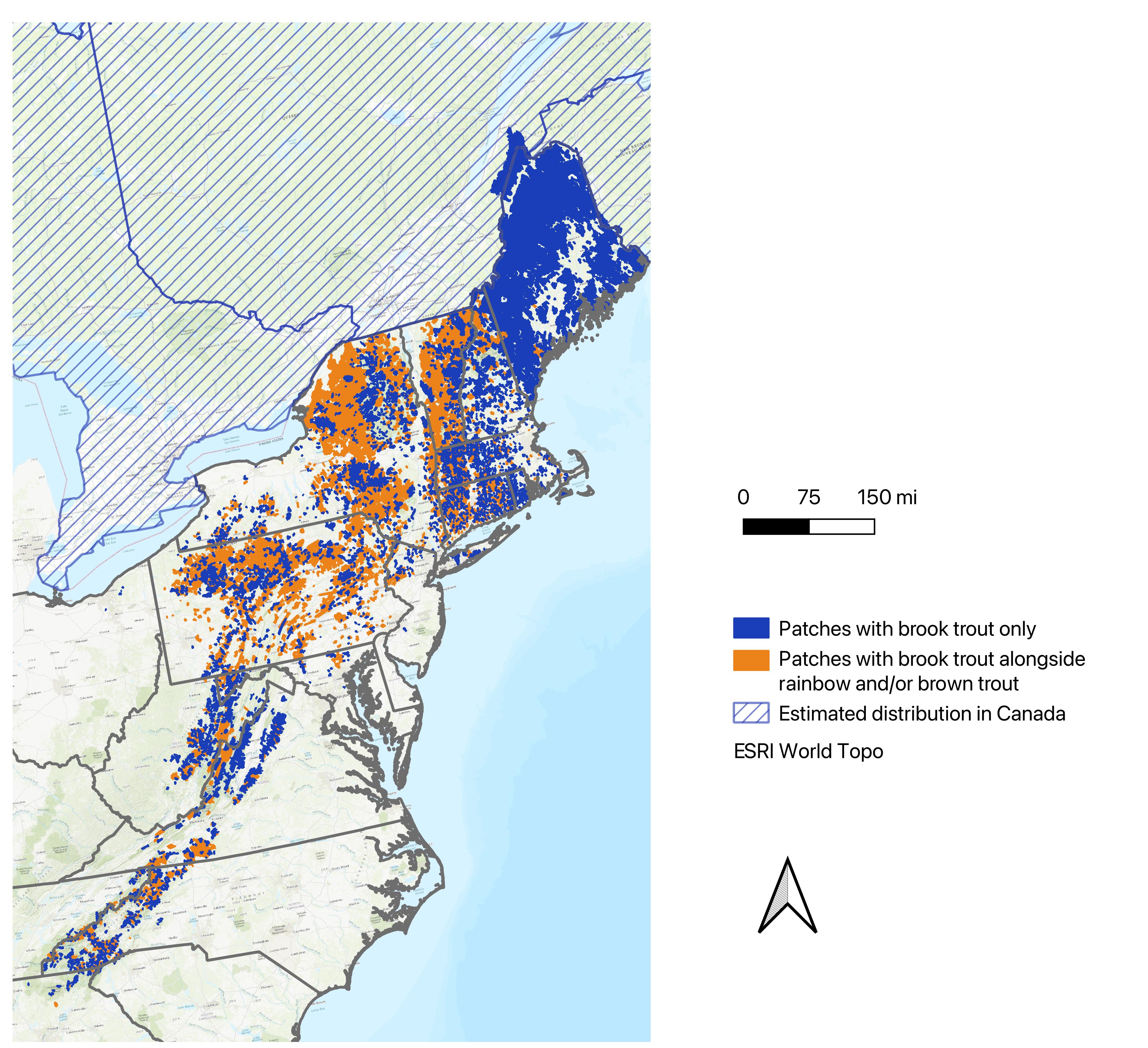 Eastern US map of wild brook trout patches